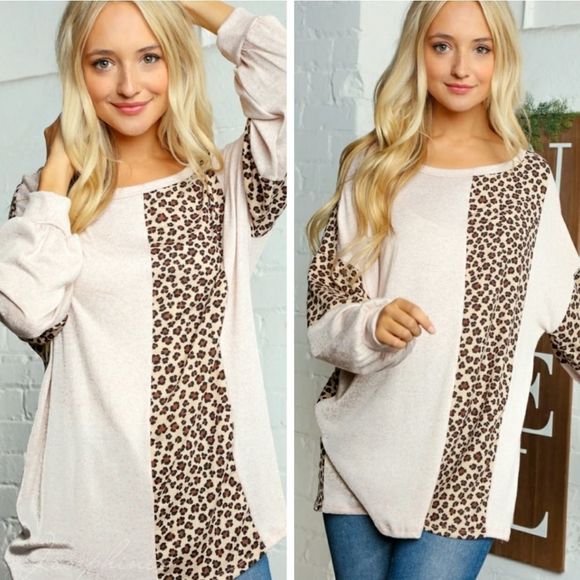 Oatmeal & Camel Two Tone Animal Print Top - Picture 2 of 4